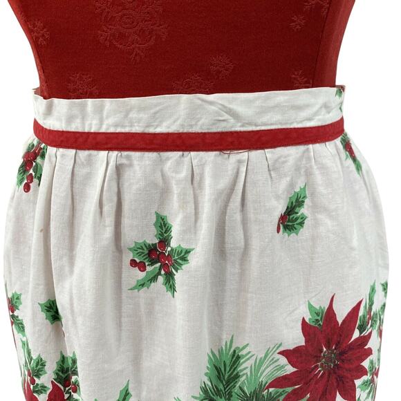 Vintage Christmas Apron Printed Cotton Red White Green Poinsettias & Holly Motif - Picture 5 of 5